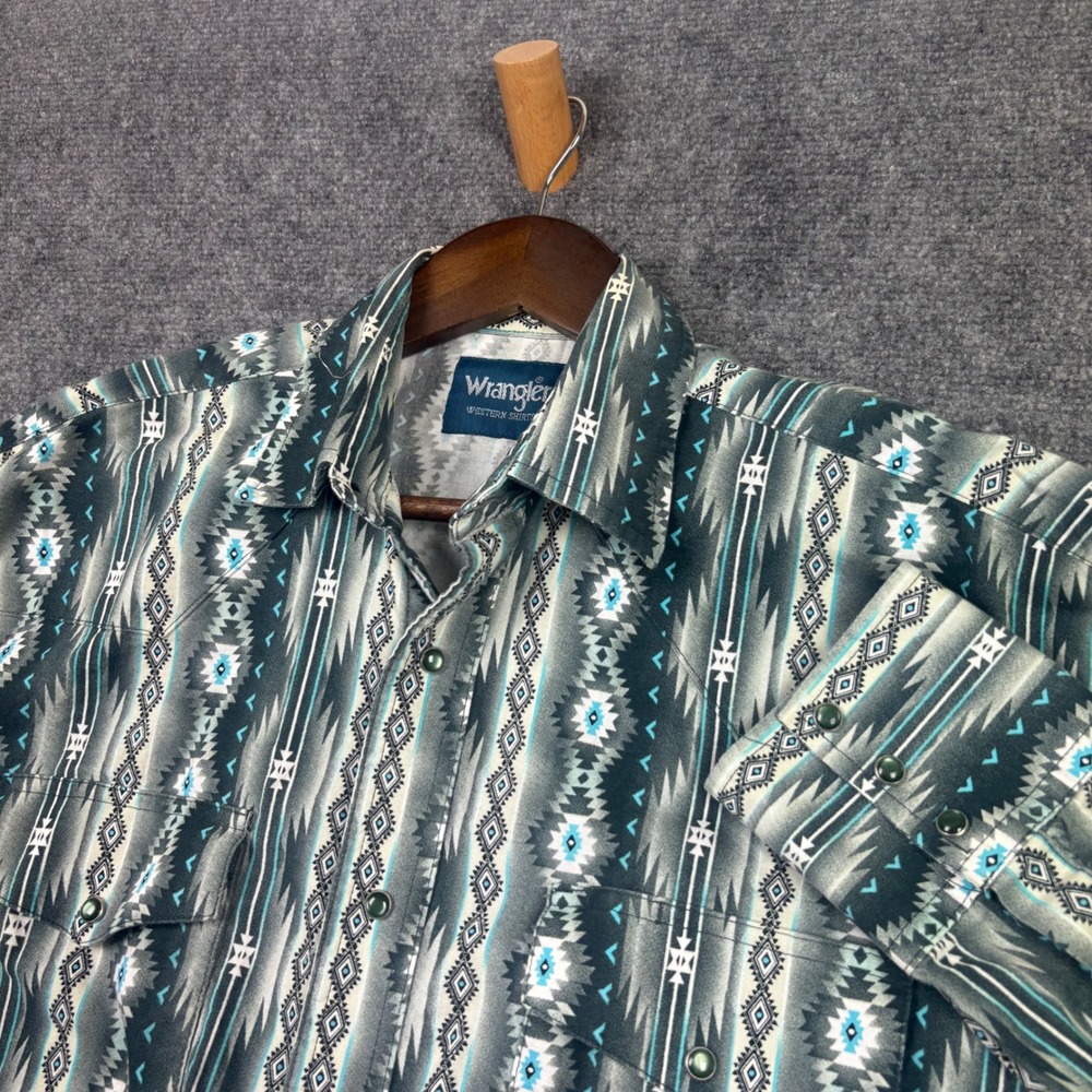 Wrangler Western Shirt Mens Large Grey Teal Aztec Geometric Snap Button Down L